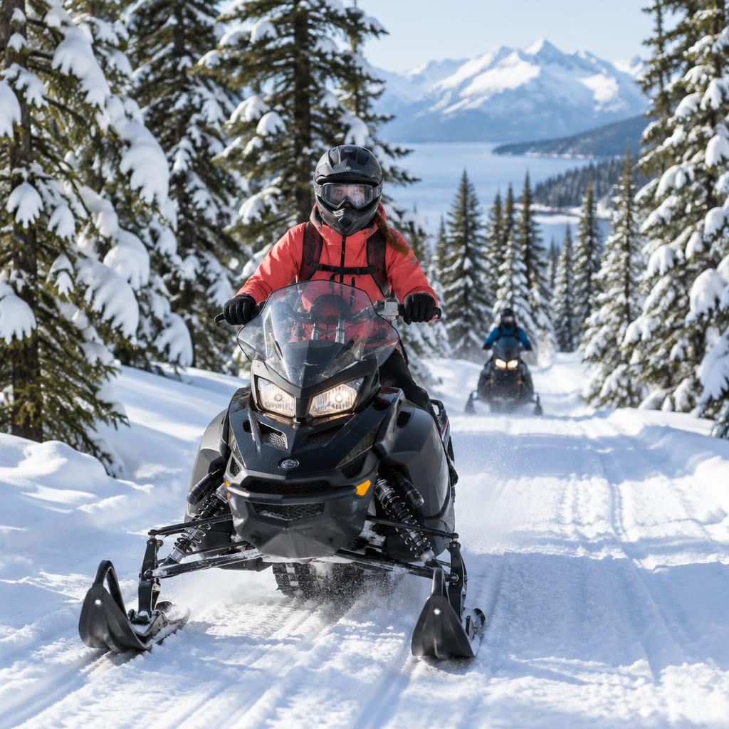 Illustrative winter scene of snowmobile riders on a snowy evergreen trail