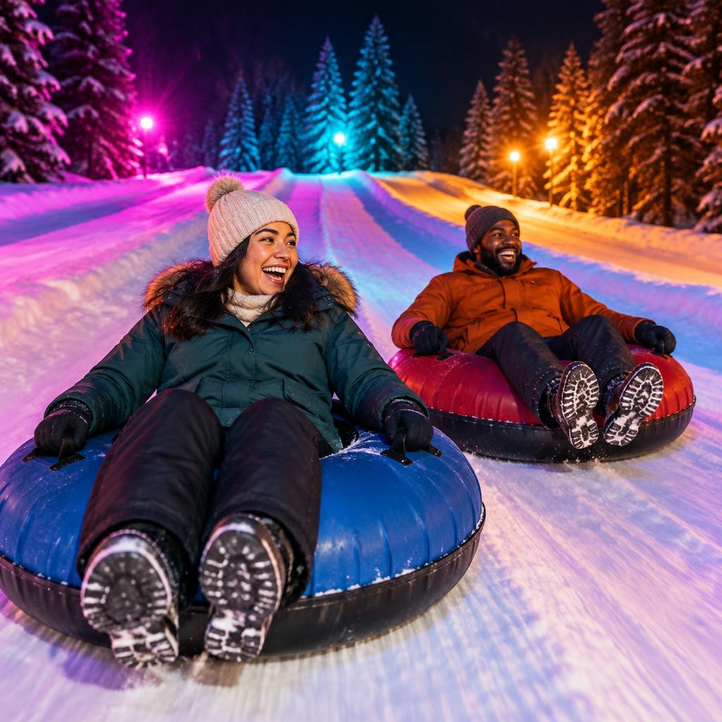 Illustrative winter scene of friends snow tubing under colourful evening lights